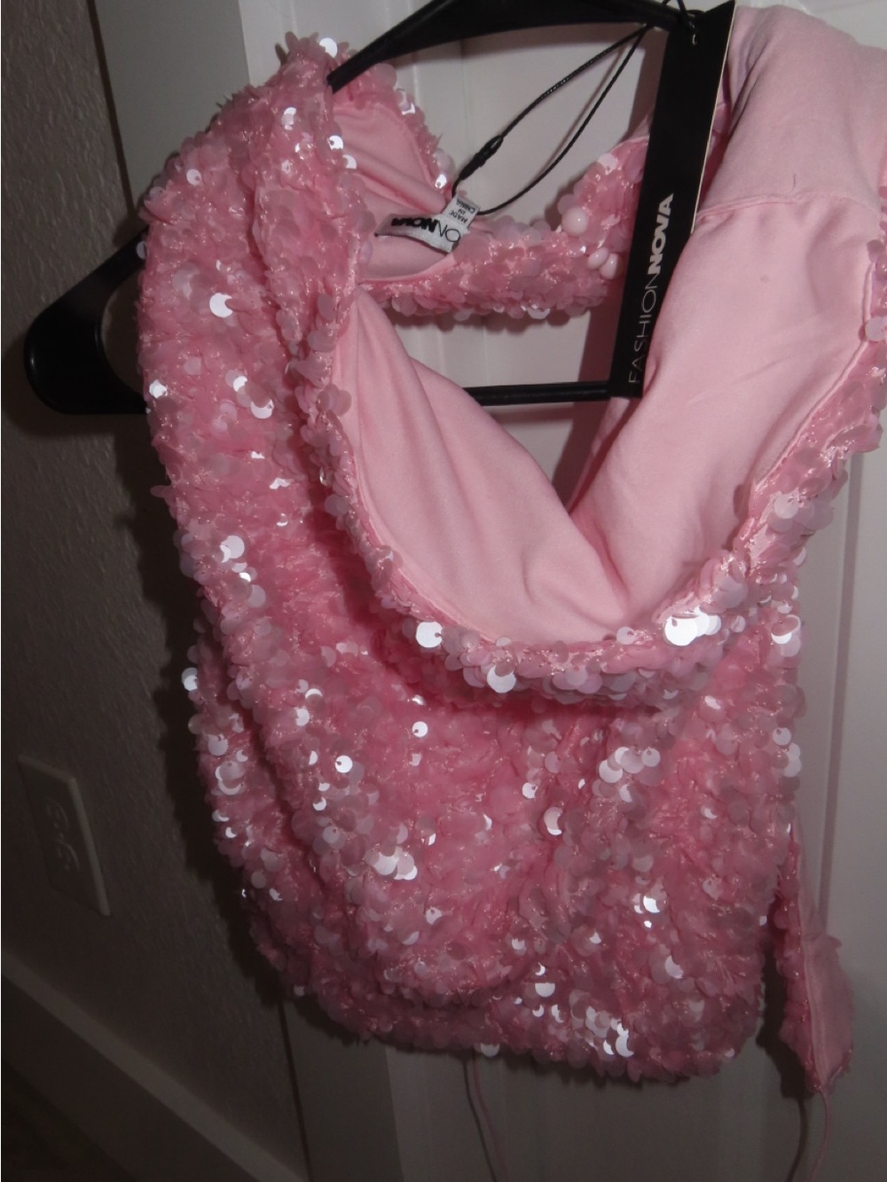 Fashion Nova Pink Sequin Cowl Neck Top